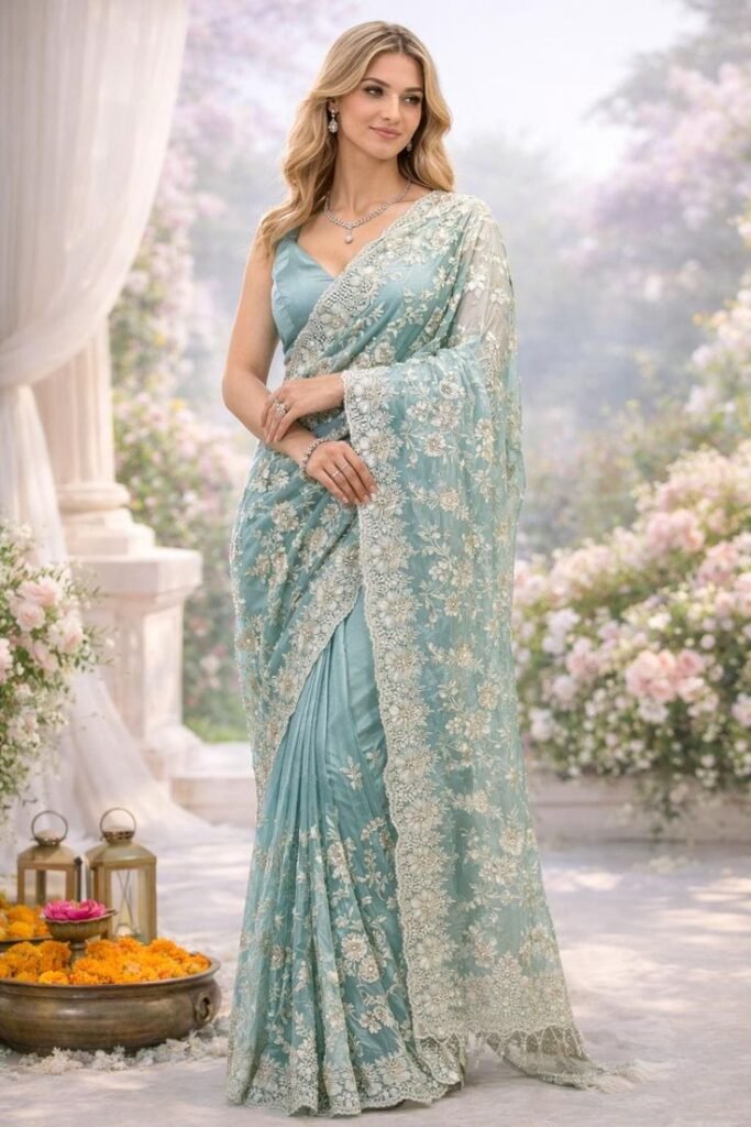blue white floral embroidered tissue saree zari border unstitched blouse piece elegant party wear