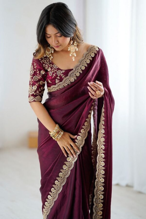 lori burgundy tissue saree with embroidered border ready to wear one minute saree