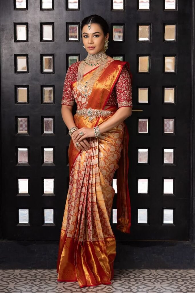 lovely red shade pure tissue kanjeevaram