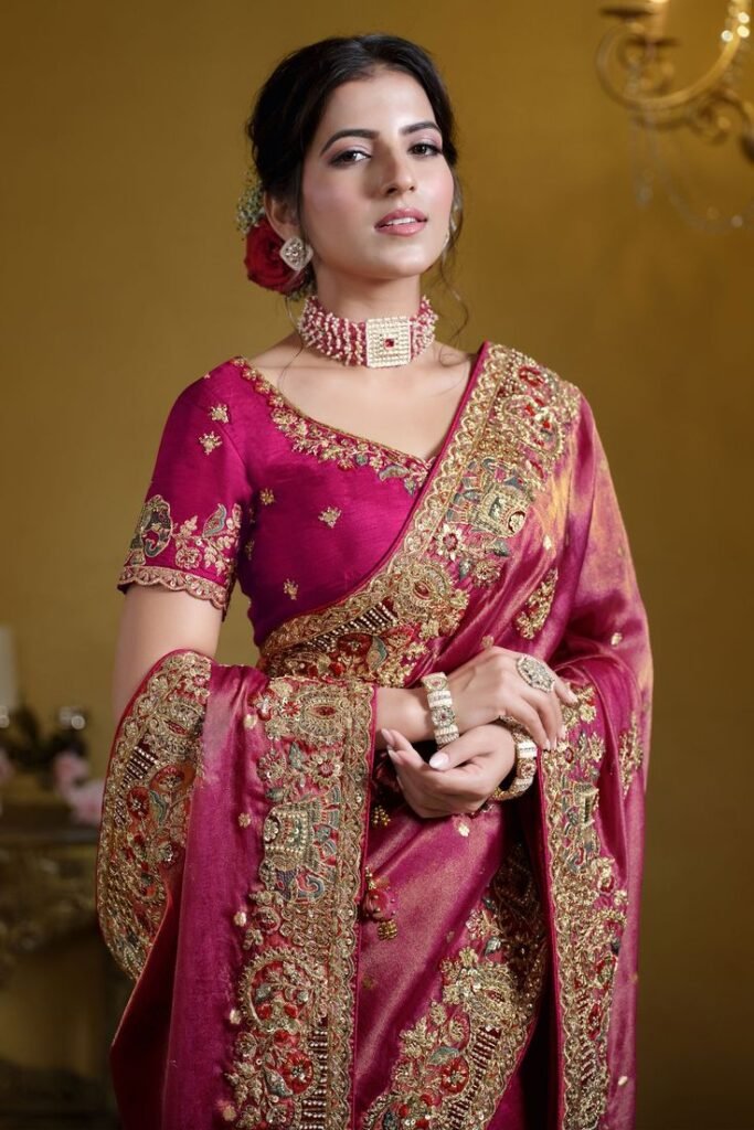 organza silk mesmeric sequins work saree in rani color rani organza silk sequins work